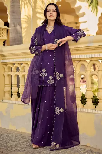 Purple chanderi silk heavy thread embroidery work kurta palazzo set