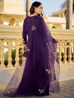 Purple chanderi silk heavy thread embroidery work kurta palazzo set 3