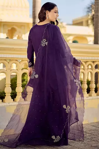 Purple chanderi silk heavy thread embroidery work kurta palazzo set