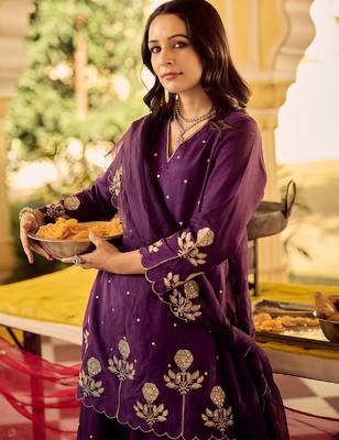 Purple chanderi silk heavy thread embroidery work kurta palazzo set 4