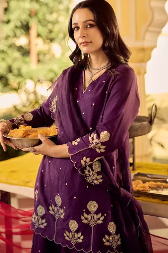 Purple chanderi silk heavy thread embroidery work kurta palazzo set