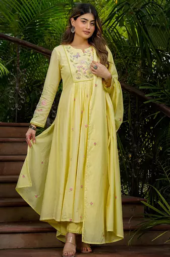 Yellow chanderi silk heavy thread embroidery work kurta pant set