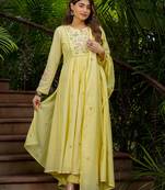 Yellow chanderi silk heavy thread embroidery work kurta pant set