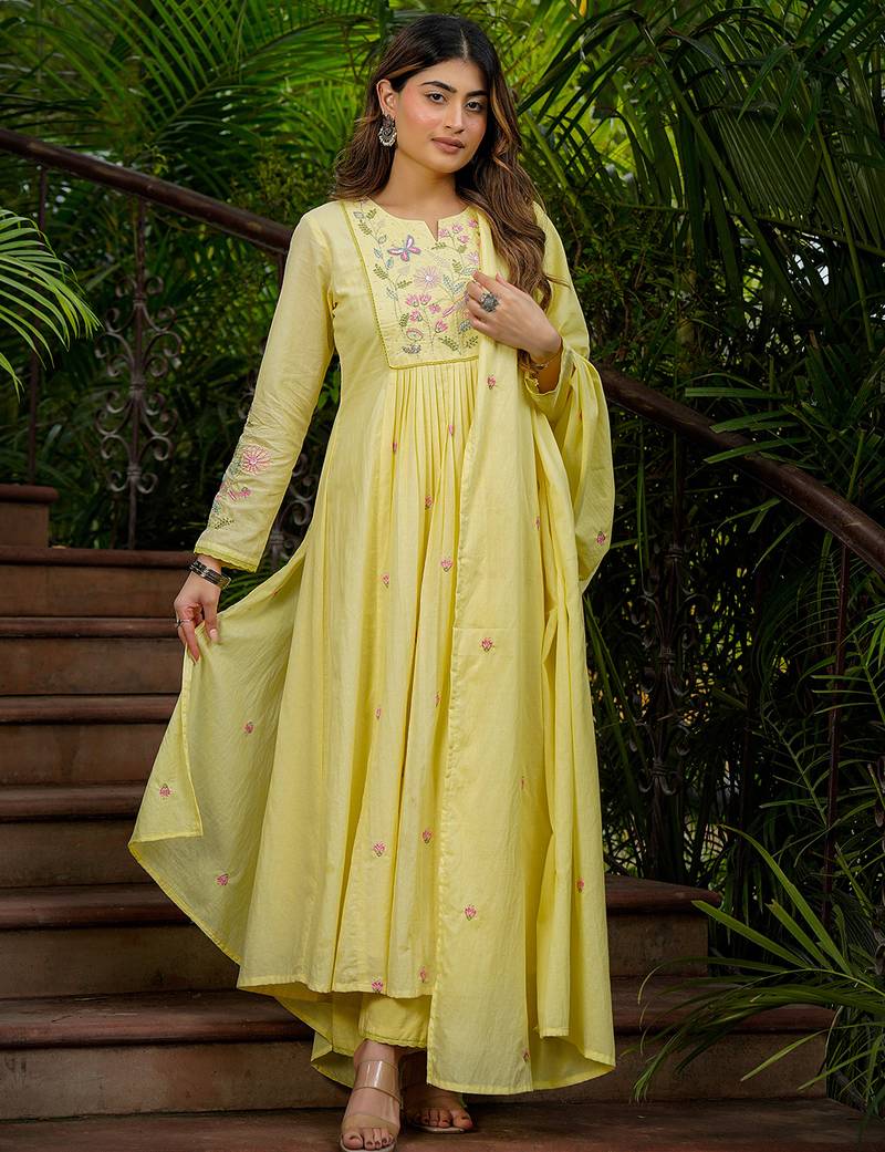 Yellow chanderi silk heavy thread embroidery work kurta pant set