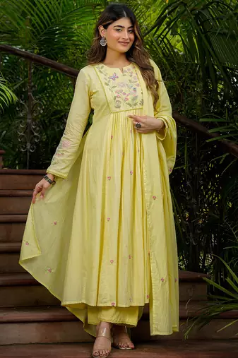 Yellow chanderi silk heavy thread embroidery work kurta pant set