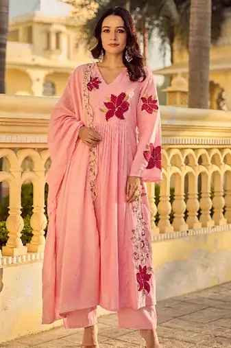 Pink cotton butti heavy thread embroidery work kurta pant set