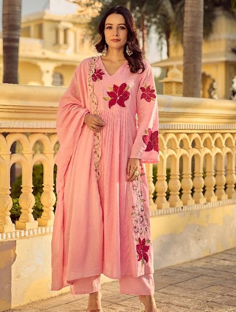 Pink cotton butti heavy thread embroidery work kurta pant set