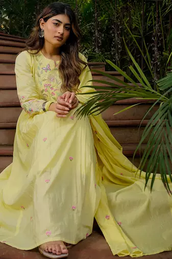 Yellow chanderi silk heavy thread embroidery work kurta pant set