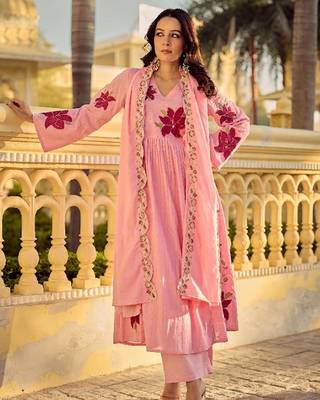 Pink cotton butti heavy thread embroidery work kurta pant set 2