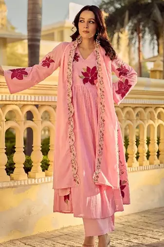 Pink cotton butti heavy thread embroidery work kurta pant set