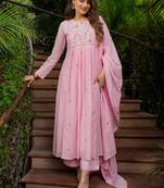 Pink chanderi silk heavy thread embroidery work kurta pant set