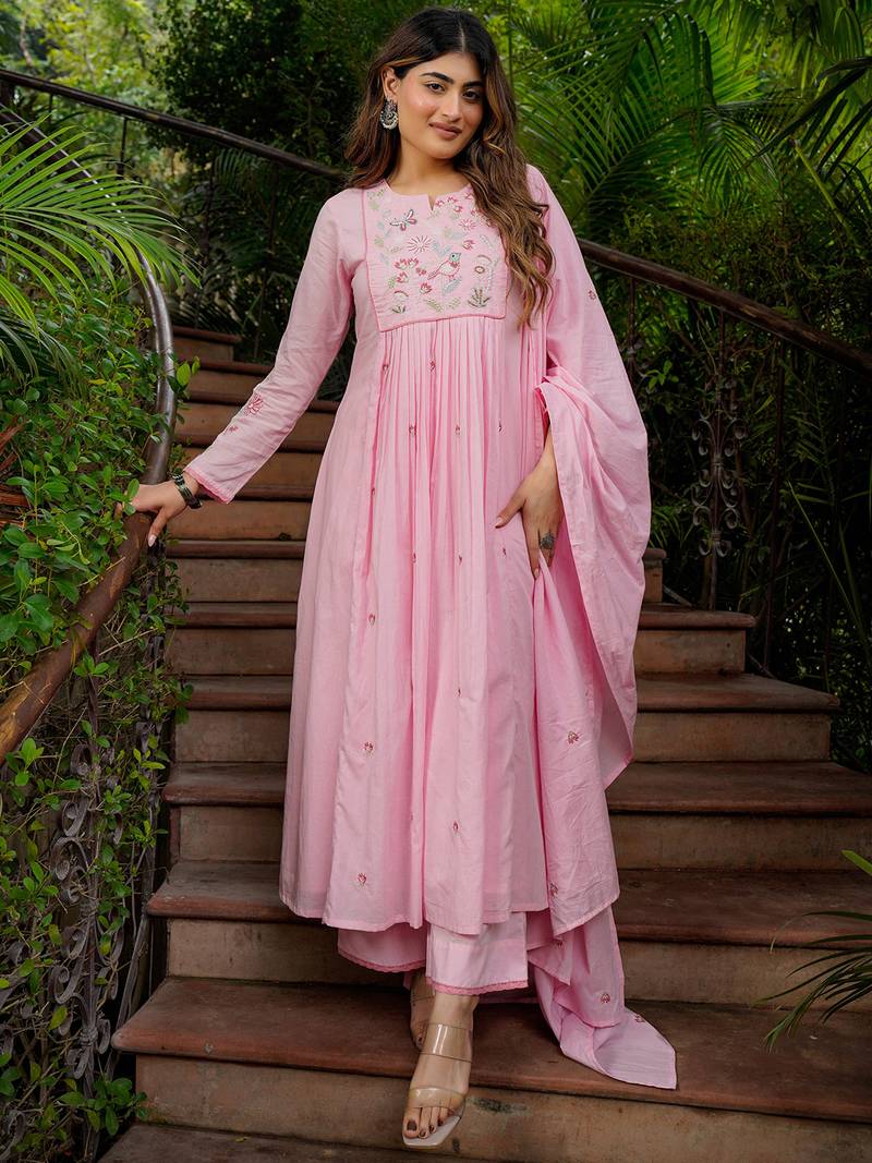 Pink chanderi silk heavy thread embroidery work kurta pant set