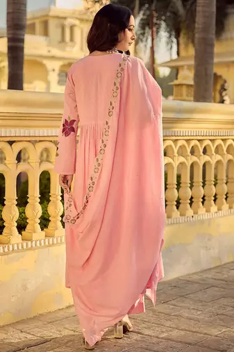 Pink cotton butti heavy thread embroidery work kurta pant set