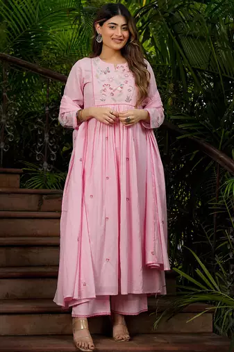 Pink chanderi silk heavy thread embroidery work kurta pant set