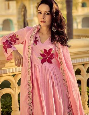 Pink cotton butti heavy thread embroidery work kurta pant set 4