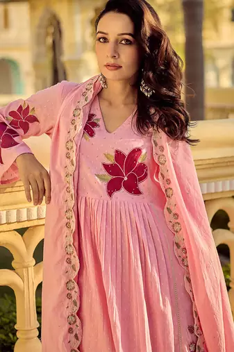 Pink cotton butti heavy thread embroidery work kurta pant set