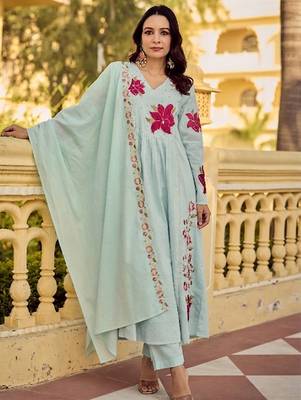 Mint green cotton butti heavy thread embroidery work kurta pant set 1