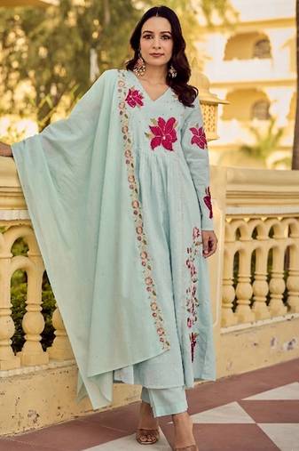 Mint green cotton butti heavy thread embroidery work kurta pant set