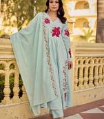Mint green cotton butti heavy thread embroidery work kurta pant set