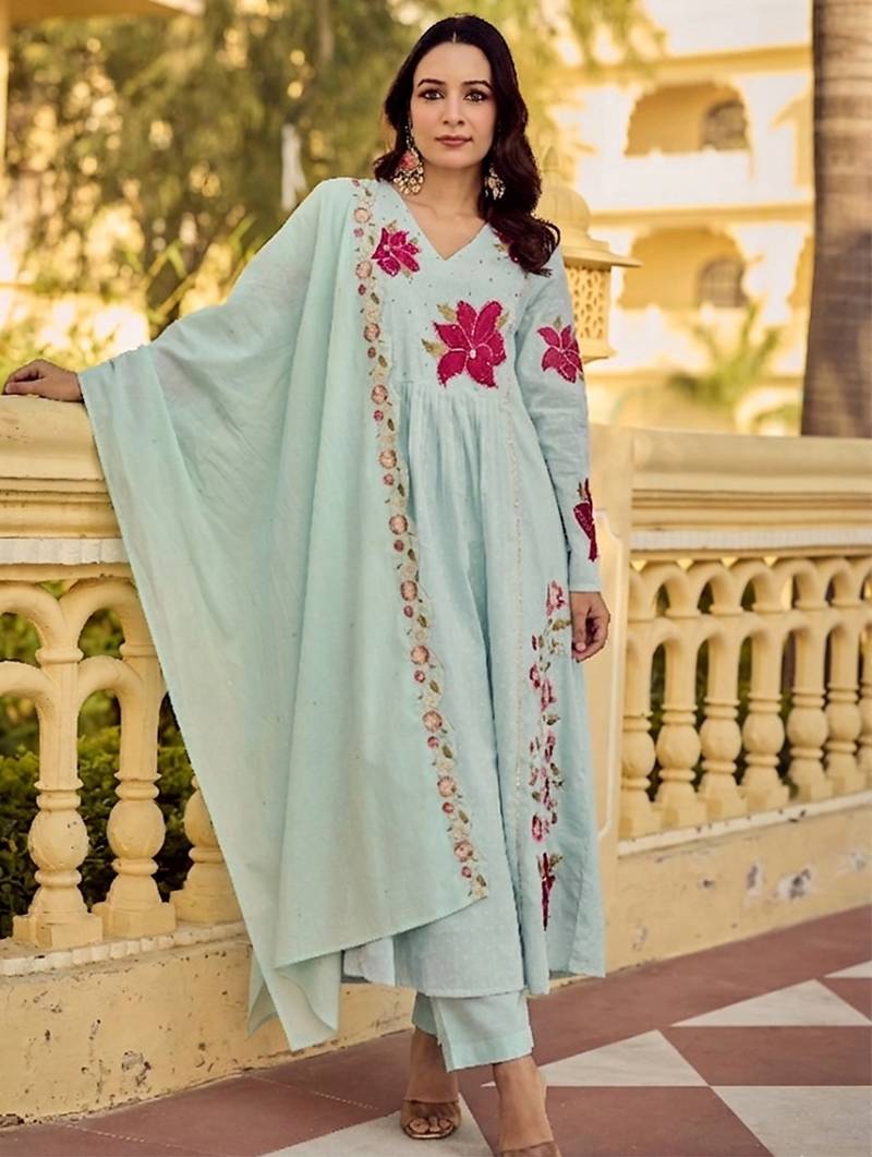 Mint green cotton butti heavy thread embroidery work kurta pant set