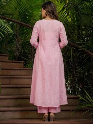 Pink chanderi silk heavy thread embroidery work kurta pant set 3
