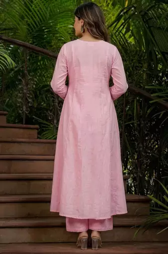 Pink chanderi silk heavy thread embroidery work kurta pant set