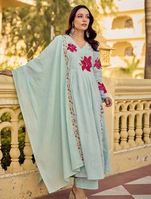 Mint green cotton butti heavy thread embroidery work kurta pant set 2