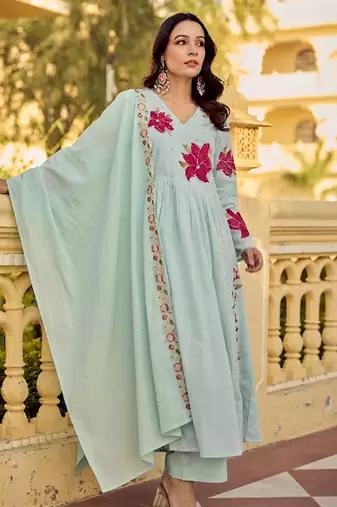 Mint green cotton butti heavy thread embroidery work kurta pant set