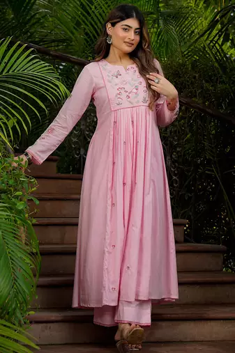 Pink chanderi silk heavy thread embroidery work kurta pant set
