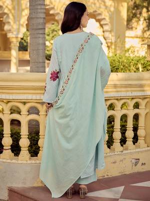 Mint green cotton butti heavy thread embroidery work kurta pant set 3