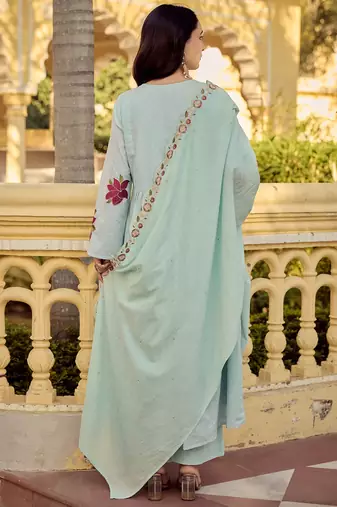 Mint green cotton butti heavy thread embroidery work kurta pant set