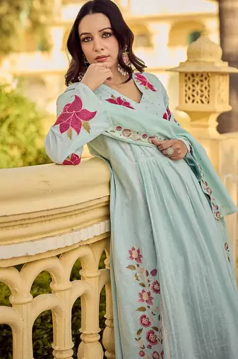 Mint green cotton butti heavy thread embroidery work kurta pant set
