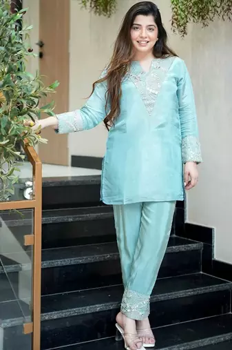Sky blue simmer silk heavy thread embroidery, mirror with sequins work kurta with palazzo