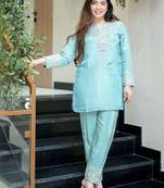 Sky blue simmer silk heavy thread embroidery, mirror with sequins work kurta with palazzo