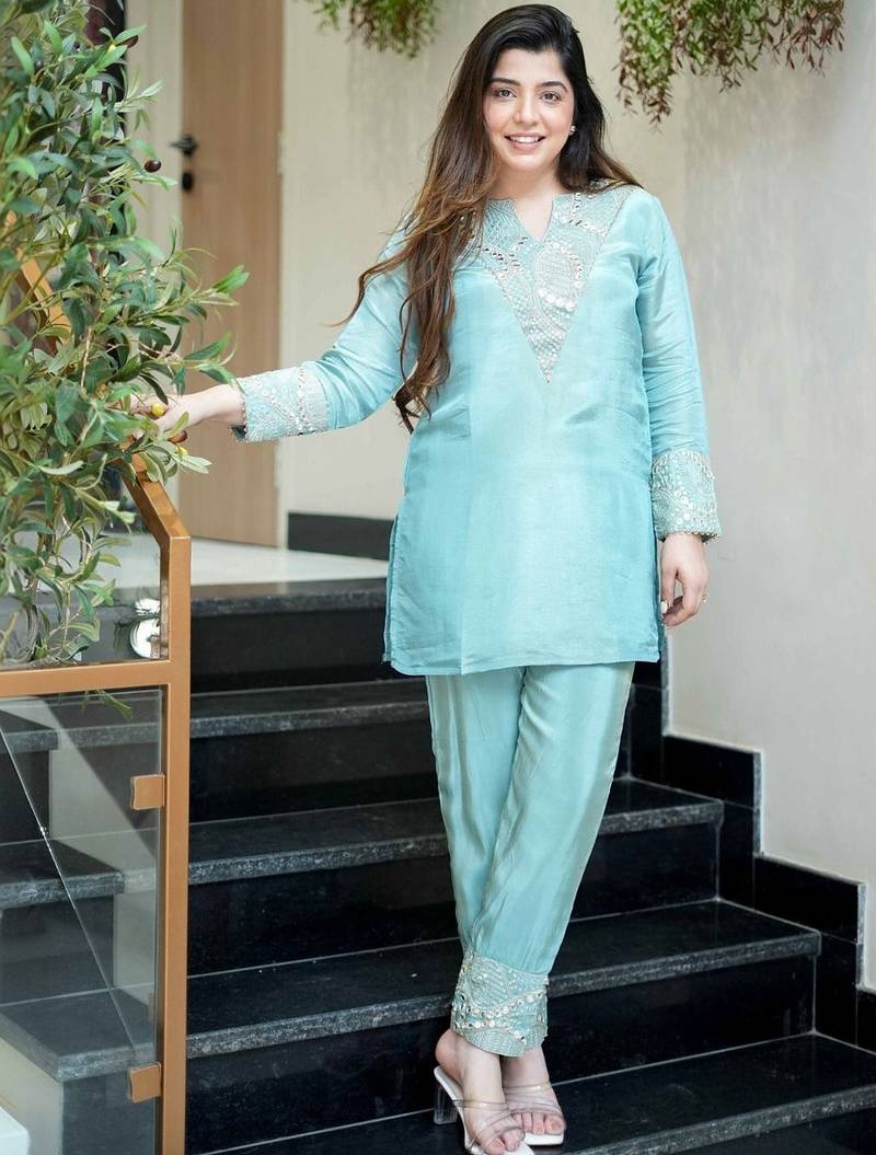 Sky blue simmer silk heavy thread embroidery, mirror with sequins work kurta with palazzo