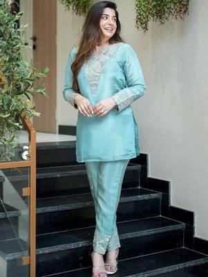 Sky blue simmer silk heavy thread embroidery, mirror with sequins work kurta with palazzo 2