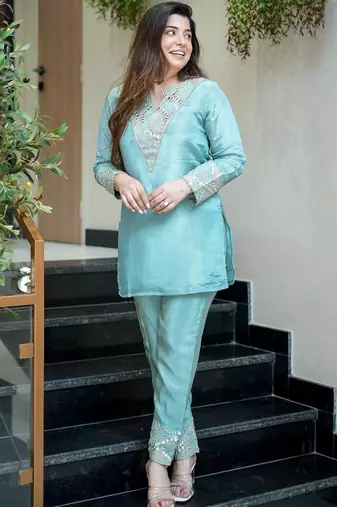 Sky blue simmer silk heavy thread embroidery, mirror with sequins work kurta with palazzo