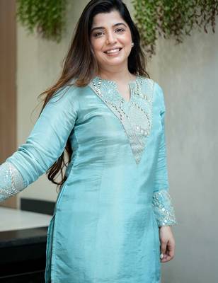 Sky blue simmer silk heavy thread embroidery, mirror with sequins work kurta with palazzo 3