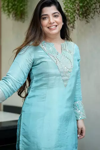 Sky blue simmer silk heavy thread embroidery, mirror with sequins work kurta with palazzo