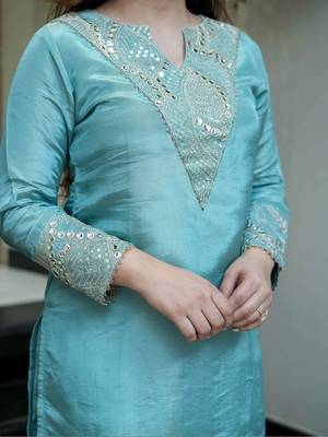 Sky blue simmer silk heavy thread embroidery, mirror with sequins work kurta with palazzo 4