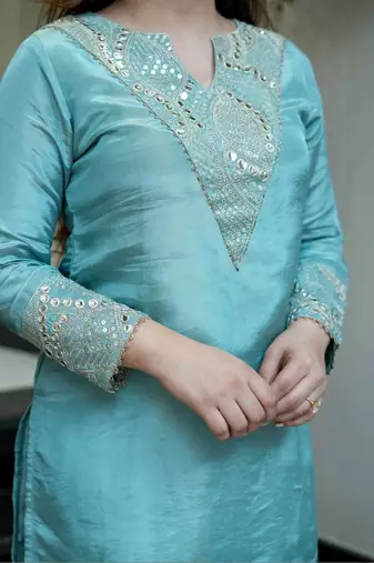 Sky blue simmer silk heavy thread embroidery, mirror with sequins work kurta with palazzo