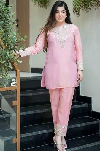 Pink simmer silk heavy thread embroidery, mirror with sequins work kurta with palazzo