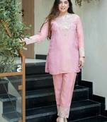 Pink simmer silk heavy thread embroidery, mirror with sequins work kurta with palazzo