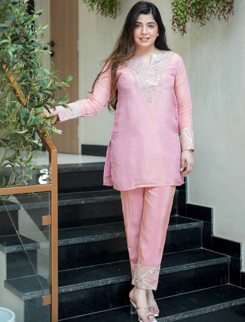 Pink simmer silk heavy thread embroidery, mirror with sequins work kurta with palazzo
