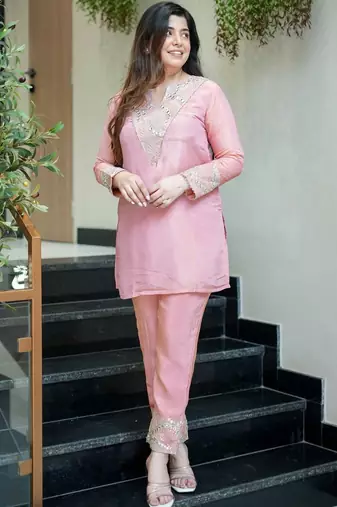 Pink simmer silk heavy thread embroidery, mirror with sequins work kurta with palazzo