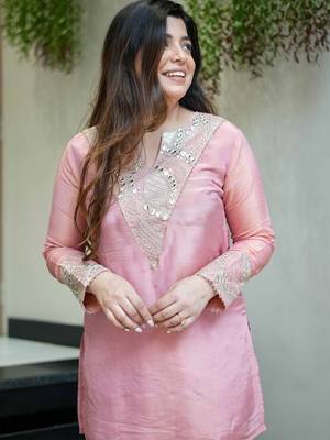 Pink simmer silk heavy thread embroidery, mirror with sequins work kurta with palazzo 3