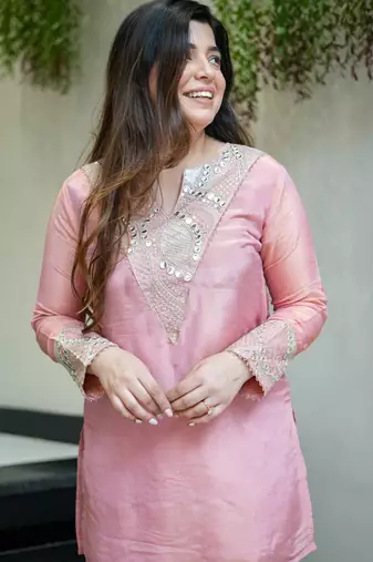 Pink simmer silk heavy thread embroidery, mirror with sequins work kurta with palazzo