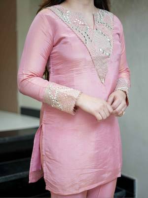 Pink simmer silk heavy thread embroidery, mirror with sequins work kurta with palazzo 4