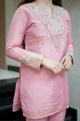 Pink simmer silk heavy thread embroidery, mirror with sequins work kurta with palazzo