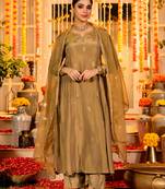 Gold simmer chanderi heavy thread embroidery work kurta pant set